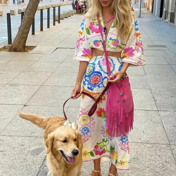 07 Boho Floral Tropical Print Cut out Short Sleeve Dress - Picture 1 of 7